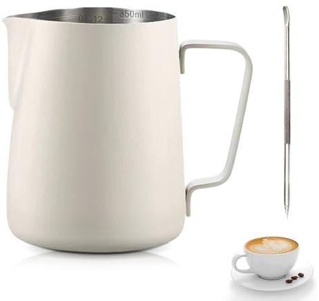 Bricco per Latte in Acciaio Inox,Tianher Bricco Latte Schiumatore Schiuma Brocca Tazza con Misurazione della Temperatura Latte Art Penna Lattiera per Cappuccino (beige)