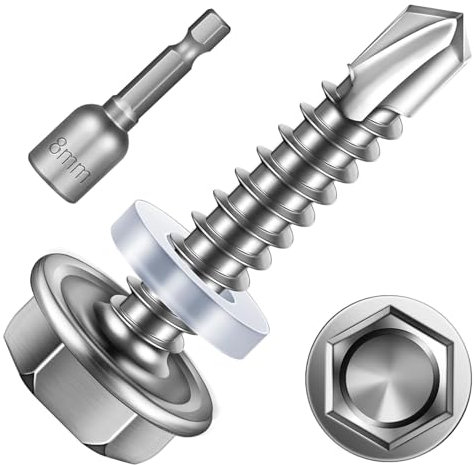25 viti autofilettanti 6,3 x 50 mm, viti per trapano esagonali, in acciaio inox, viti autofilettanti, viti per lamiera trapezoidale con disco di tenuta e chiave esagonale