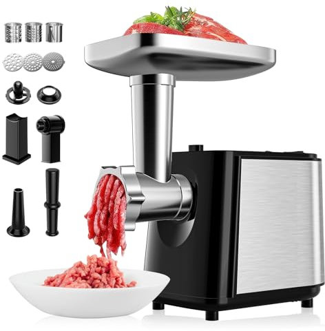Picadora eléctrica de carne 5 en 1 de 2000 W: embutidora profesional, picadora de verduras, rallador de ensaladas y quesos con 8 accesorios, material apto para uso alimentario para la cocina doméstica
