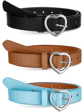BOHUIZ 3 Stück Kindergürtel Mädchen, PU Verstellbare Herz Schnalle Taillengürtel Gürtel Mädchen für 6-12 Jahre Herz Schnalle Leder Mädchen Gürtel für Hosen Röcke Jacken(Blau, Schwarz, Braun)