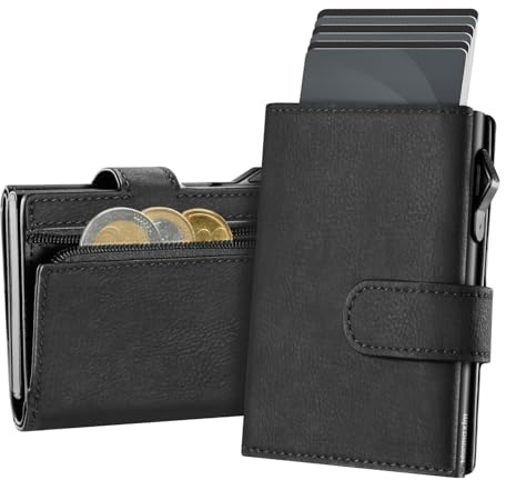 Manmaxim Portafoglio Uomo Slim con Texture di Alta Qualità, Pop up Portacarte Slim per 2 Finestra ID & 8 Credito Cartes, Porta Carte Uomo con Blocco RFID Porta Tessere con Monete (Nero)