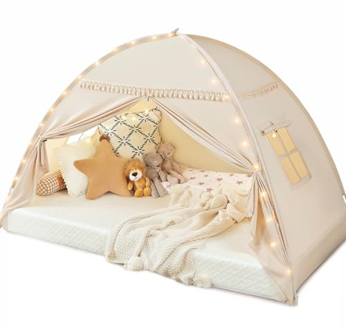 Tente de lit pour enfant : lumières et drapeaux, sol intérieur, lit jumeau, tente de jeu pour enfants, rideaux de lit jumeaux, maison de jeu pour filles et garçons, chambre à coucher, espace