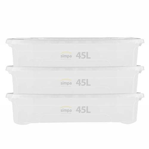 simpa 45 Litre 45L Stackable Underbed Plastic Storage Box with Clear Lid - 19cm (H) x 80cm (L) x 40cm (W) - Set of 3