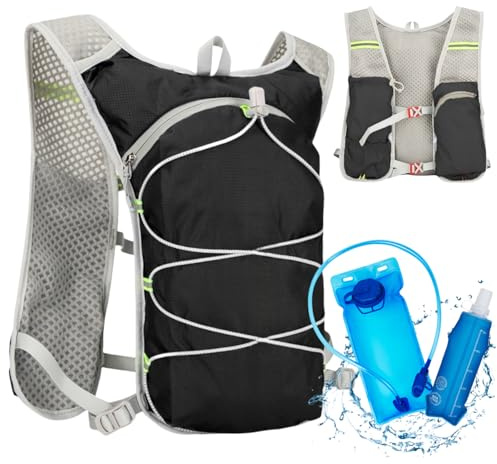 Gilet Hydratation Running, Réglable Gilet d'hydratation avec Poche d'eau 2L et Flacon Souple 500ml, Sac à Dos d'hydratation Réfléchissant Sac Hydratation Running Homme e Femme (Noir)