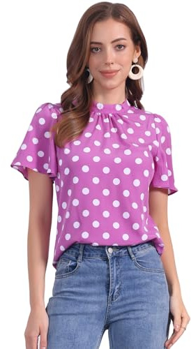 Allegra K Women's Polka Dots Blouse Stand Collar Pleat Keyhole Back Short Flare Sleeve Tops X-Large Purple
