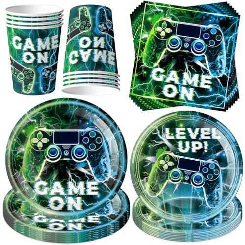 YeahBoom Lot de 50 vaisselle de fête avec jeux vidéo, jeu vidéo, décoration d'anniversaire, accessoires de fête vidéo, avec assiettes, gobelets, serviettes, vaisselle de fête pour 10 invités