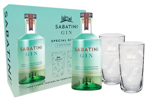 Sabatini Gin, London Dry Gin, 700ml, Confezione Regalo con 2 Tumbler Alti, Gin Artigianale Toscano, Gin Tonic Premium, Note Fresche, Citriche, Floreali, Finocchio, Lavanda, Foglie di Olivo, 41.3% Vol