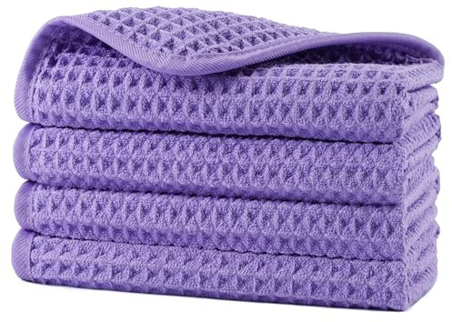POLYTE 430 GSM Microfiber Lint Free Washcloth Face Towel, 13 x 13 in, 4 Pack (Waffle Weave)