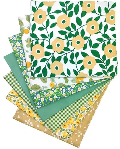 EXGOING Fat Quarters Fabric Bundles 7PCS – 20x20 (50x50cm) Cotton Material for Sewing, Quilting & Patchwork – Floral, Yellow Print & Plaid Fabric Squares for DIY Crafts (Green Garden Set)