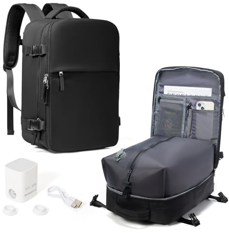 HPLQQ Sac à dos sous vide de voyage avec pompe, Cabine Avion Ryanair/Wizz 40x30x20 Bagage cabine à main avec compression pour homme et femme,Sac airbag avec pompe,H1-Noir