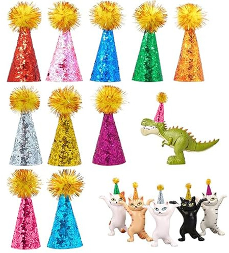 Muorruo 10-Pack Mini Party Hats for Stuffed Animals, Figures, Toys, Dinosaurs, Small Craft Hats, Colourful Doll Party Decoration, Adjustable Cone Hat with Tinsel Pom Pom