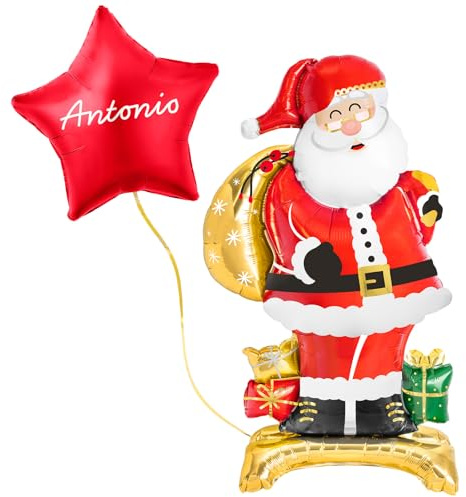 OH YEAH - Globo con Base Foil Papa Noel 110 cm + Globo Foil Estrella Nombre PERSONALIZADO 48 cm - Accesorios Árbol, Fiesta, Photocall y Eventos - Decoración Navideña - Regalo Único - ELIGE TU NOMBRE