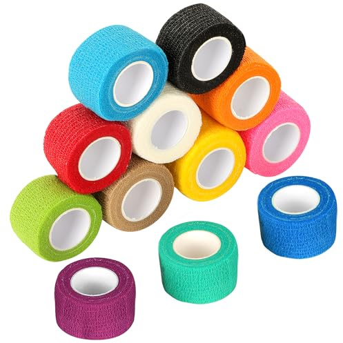 CIOXSOIO 12 Rotoli Benda Elastica Autoadesiva, 2,5cm x 4,5m Benda Elastica Coesiva, Non Tessuto Bendaggio Adesiva Coesiva Nastro Bendaggio Sportivo, Benda Salvapelle Fasciature per Mani Piedi