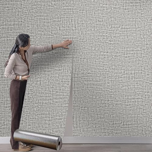 10Roll Self Adhesive Grey Peel and Stick Wallpaper Mix Plain Thick 3mm Linen Textured Industrial Wallpaper, Grasscloth Waterproof Squares Removable for Walls Bedroom Living Room Hotel Decoration