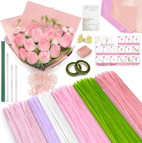 500 PCS Pink Pipe Cleaners Craft Kit, 6 Colours 12inch x 6mm Chenille Stems for Flower Making, pipe cleaner flower kit with Floral Stems, Wrapping Paper, Stamens & Step-by-Step Instructions