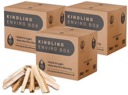 Green Olive Firewood - Envioboxes of Kindling Wood Sticks - Firestarting Sticks - Natural Fire Starters ideal for firestarting and Pizza Wood - Pack of 3 Boxes, 3x 2Kg
