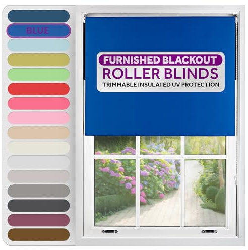 FURNISHED Roller Blinds Window Blackout, Blue, 240cm Wide x 210cm Long | Thermal 100% blackout trimmable insulated UV protection child safe easy fit home office window blinds