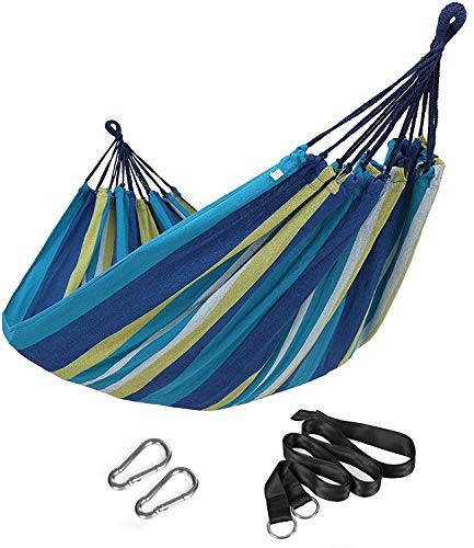 SONGMICS Double Hammock, 98.4 x 59.1 Inches, 660 lb Load Capacity, with Hanging Straps, Carabiners, Carry Bag, for Garden, Outdoor, Camping, Blue and Yellow Stripes UGDC15YU