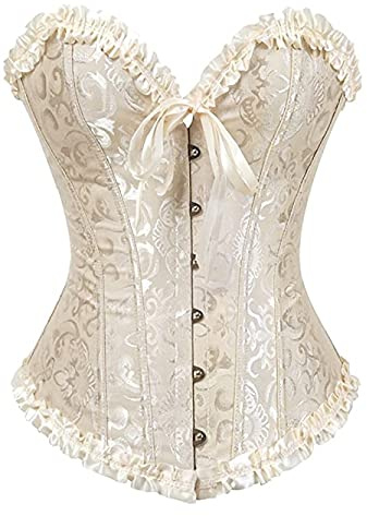 SxyBox Corsetto Donna Sexy Burlesque Overbust Corsetti Bustino per Halloween, Carnevale e feste,Beige,S