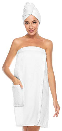 vislivin Bademantel Damen Saunakilt & Haartuch Sauna Kilt Frauen Saunakilt mit Klettverschluss und Gummizug Weiß XL