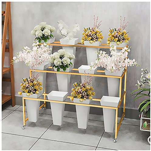 Soporte de exhibición de flores con 12 cubos, 3 capas con ruedas, estante de carro de plantas de uso pesado, para interiores, exteriores, jardín, sala de estar, floristería (blanco - cubo cuadrado)