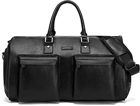 Modoker Bolsa de ropa de cuero convertible, bolsas de viaje para ropa, impermeable, bolsa de lona, regalos para hombres, mujeres, negocios, 2 en 1, maleta colgante, traje, bolsas de viaje, color negro