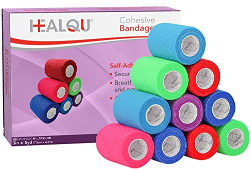 HEALQU Selbsthaftende Bandage – Selbstklebender Verband (5cm x 4,5m) 12 Rollen für Erste Hilfe & Verletzungen beim Sport – Unterstützung von Gelenken & Bändern – mehrfarbig, elastisch & wasserfest