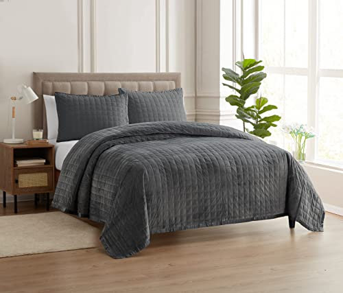 Sweet Home Collection Set Samt mit Satin-Besatz Tagesdecke Bezug weich u Luxuriöse, übergroße Ganzjahres-Bettwäsche mit Kissenbezügen, Polyester, grau, King (Pack of 4)