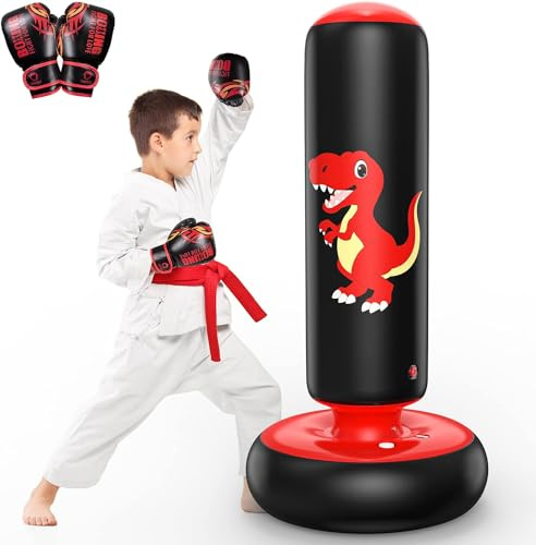 QPAU Sac de Boxe pour Enfants, Sac Boxe Gonflable Pied pour 3-8, Cadeaux pour GarçOns et Filles, Debout pour Enfants Set pour Pratique du Karaté, Taekwondo (Rouge, 48 inch)