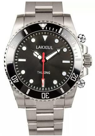 LAKXIUL Reloj parlante inglés, puede reproducir la hora, fecha, mes, puede configurar tres alarmas, caja de aleación plateada con correa de acero inoxidable plateada, superficie negra