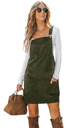 CUPSHE Corduroy Mini Fall Dress for Women Front Bib Pocket Square Neck Wide Straps A Line Casual Winter Overall Dresses, Olive Green S