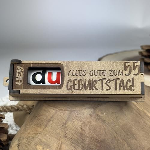 Urhome Geschenkbox Alles Gute zum 55. Geburtstag mit Duplo Schokoriegel - Überraschung Holzbox mit Spruch Gravur inkl. Schokolade Geschenk Riegel - Geburtstagsgeschenk für Erwachsene Mann Frau