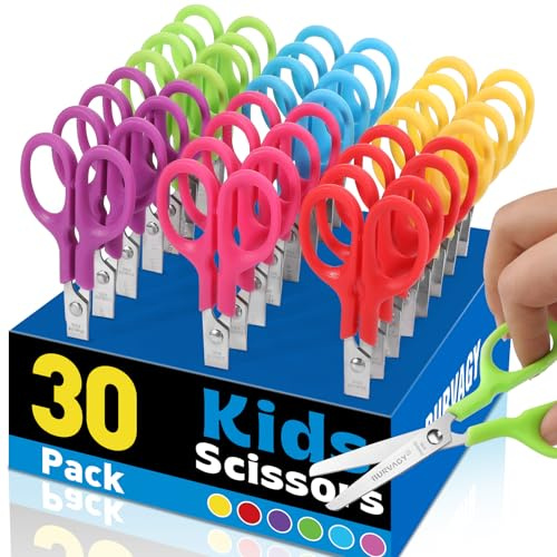 BURVAGY 30Pack 5 Small School Student Blunt Kids Craft Scissors, Sharp Stainless Steel Blades Safety Toddler Kid Child Comfort Grip Scissors Bulk for Children Cutting Paper