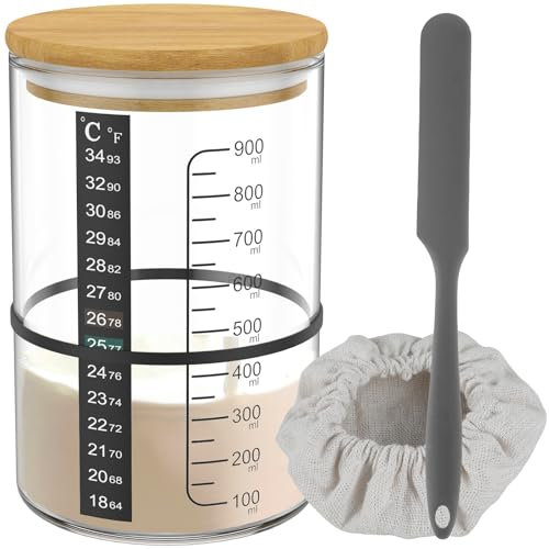 BAODBF Kit de démarrage pour levain de levain, kit de démarrage avec couvercle en bois et couvercle en tissu, récipient de démarrage au levain, pot de levain en verre