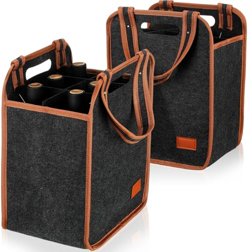 FuWeave 2 Pack Wine Carrier 6 Bottles Tote Reusable Wine tote Bags Insulated Grocery Bags for Christmas Travel, Camping and Picnic(Brown,9.45 X 7.09 X 12.99)