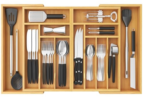 Lifewit Bamboo Extra Large Cutlery Drawer Organiser, Expandable to 36 Inches Cutlery Tray for Kitchen, Adjustable Silverware and Flatware Holder, Plastic Utensil Storage for Spoons Forks Knives