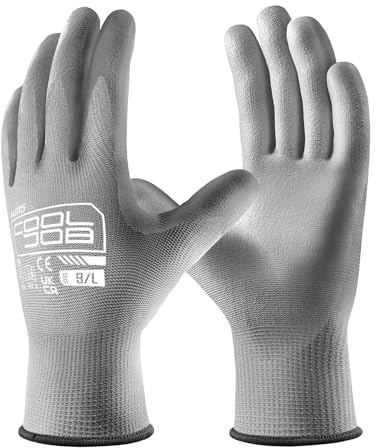 COOLJOB 12 Pairs Safety Work Gloves Pack Bulk with Grip PU Coating, 13 Gauge Seamless Knit Gloves with Polyurethane Dipped for Warehouse Working, Breathable Lightweight for Men Women, (Grey, Large)