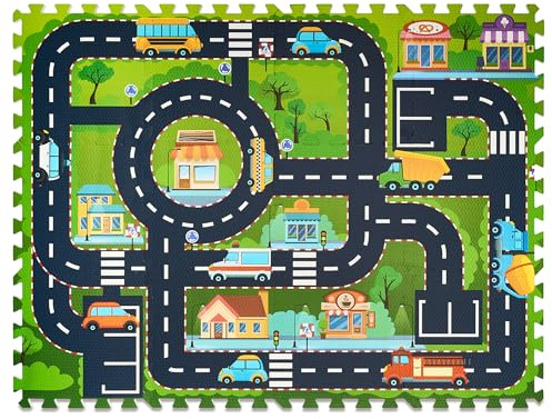 Sorbus Foam Playmat for Kids - Traffic Play Mat for Babies - Interlocking Floor Mats City Road Design - Track Play Rug for Children - Educational Playmat Rug Squares for Toy Cars & Trucks (12 Tiles)