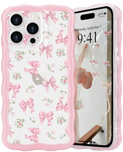 L-FADNUT Bow Case for iPhone 14 Pro, Curly Wavy Frame Cute Girly Bow Ribbon Pretty Phone Case, Soft Wave Clear Slim Silicone Shockproof Anti-scratch Cover for Women Girl, Rose