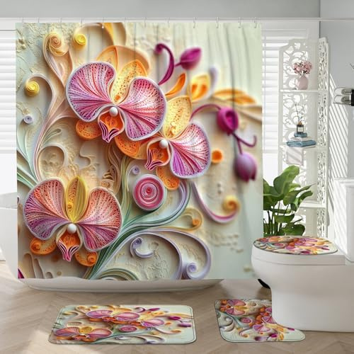 DESIHOM 4PCS Paper Quilling Art Orchids Shower Curtain Sets with Non-Slip Rug, U Shape and Toilet Lid Cover Mat, 3D Flower Home Decor, Bathroom Accessory with 12 Hooks