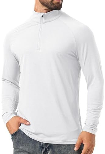 QIXING Camisas de protección solar UPF 50+ para hombre, manga larga, con cremallera de un cuarto, para exteriores, pesca, senderismo, camisetas de protección contra erupciones, blanco, M