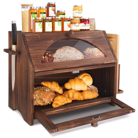 Gxpjycfob - Caja de pan de madera con 2 estantes para pan, varilla, tostada, 39 x 24 x 32 cm, color marrón