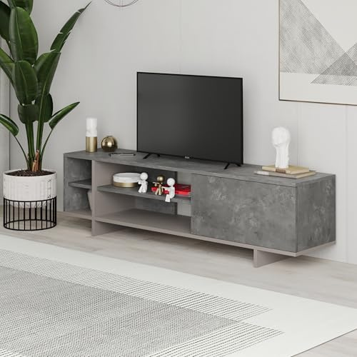 HOCUS PICUS TV Stand Cabinet for 65 Inch TVs, 160cm TV Unit Entertainment Center with 1-door Storage Cabinet, Open Shelves TV Console for Living Room, Bedroom (Retro Grey, Light Mocha)
