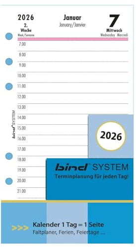 BIND B260326 - Inserto per calendario giornaliero A6, inserto timer per calendario anno 2026, 1 giorno/1 pagina, calendario con sistema, calendario per pianificatore di sistema e calendario standard