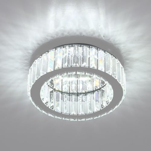 Kinhoou Modern Crystal Chandelier Ceiling Lights,24W Small Round LED Crystal Ceiling Lamp with Stainless Steel Base Flush Mount Chandeliers Lighting Fixtures Bedroom Dining Room, 6500K