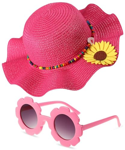 EKKONG Strohhut Mädchen, Strohhut Kinder Mädchen, Sonnenbrille Kinder, Sonnenhut Kinder, Sommerhut Mädchen mit Runde Blume Brille für Strände, Urlaub, Reisen, Picknicks (Rosé)