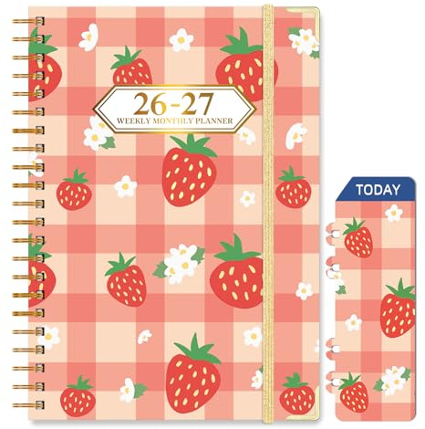 Knagsfa 2026-2027 Planner, Jul.2026-Jun.2027 Planner Weekly and Monthly 6.25x8.5 with Page Tabs, Calendar Hardcover with Inner Pocket, Elastic Band, Twin-Wire Binding, Bookmark, Strawberry Plald
