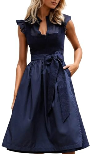 Foweknow Abito Dirndl da donna, abito Dirndl, abito da Oktoberfest, da donna, con grembiule in pizzo, elegante, per matrimonio, lungo, taglie grandi, per costume tradizionale Dirndl, Blu scuro, S