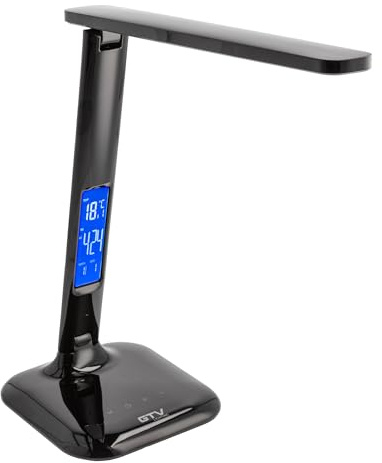 GTV LINEAR Lampe de Bureau LED 7W 420lm 3-CCT Dimmable, Lampe de Table avec Écran Horloge Date Température Réveil, Lampe de Bureau Tactile 5 Niveaux de Luminosité, Noir