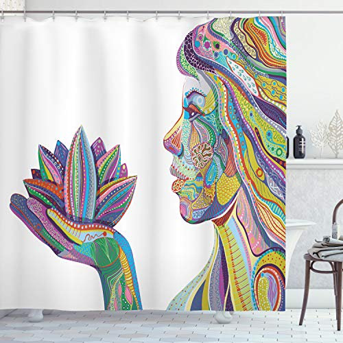 ABAKUHAUS Boho Duschvorhang, Yoga Pose in Lotus Flower, Stoffliches Gewebe Badezimmerdekorationsset mit Haken, 175 x 180 cm, Lila Mehrfarbig